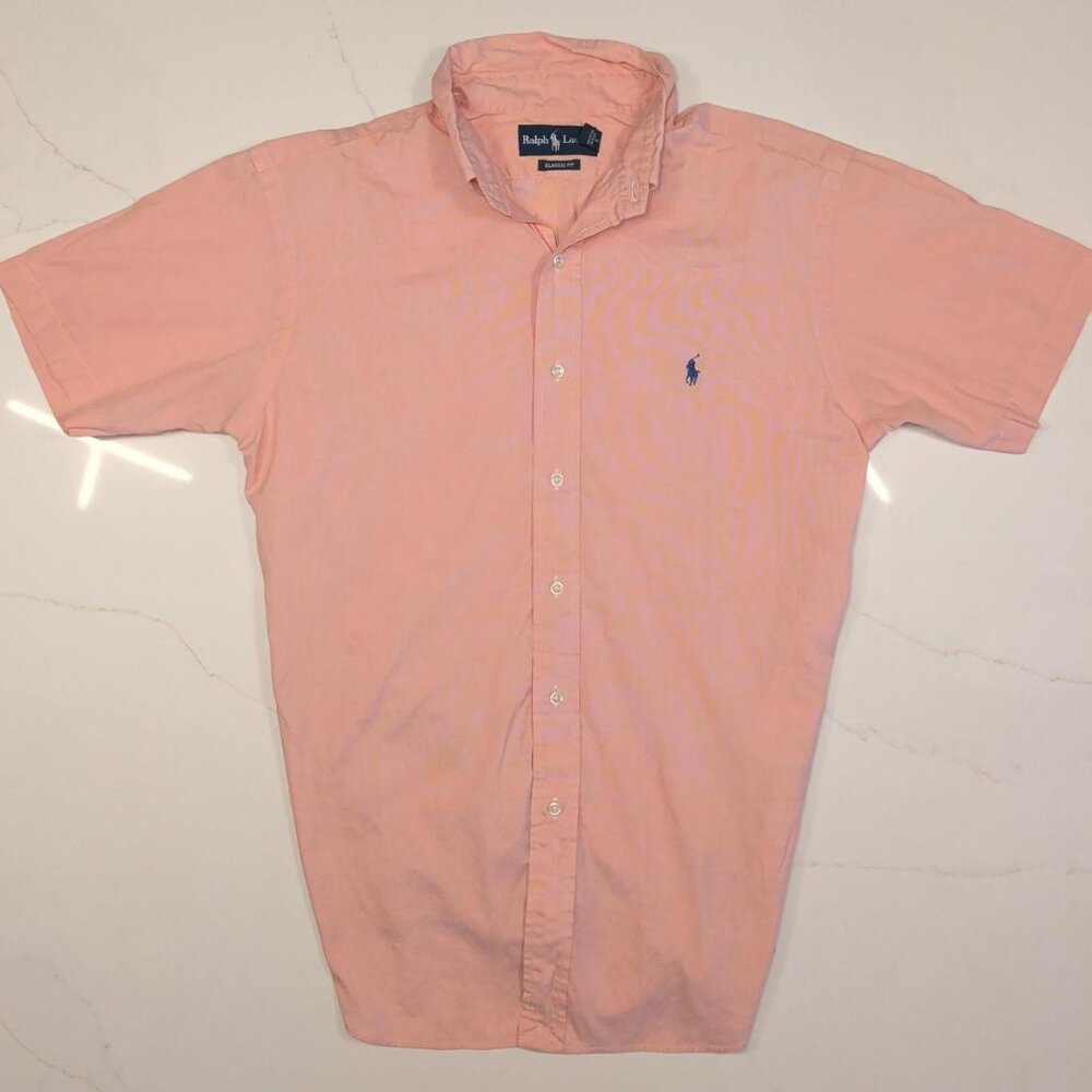 Ralph Lauren Sz 16.5 L Button Down Shirt Men Short Sleeve Pink Salmon Polo Golf